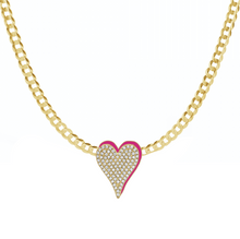 Load image into Gallery viewer, Medium Enamel and Pave Heart Necklace on Cuban Chain