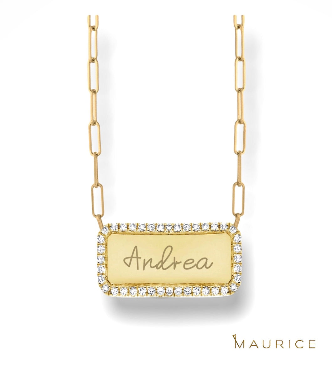 Custom Pave Outline Nameplate paper clip necklace