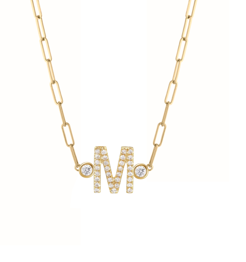 Diamond Initial and Bezels Paper Clip Necklace