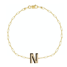 Load image into Gallery viewer, Diamond and Enamel Block Initial on Thin Paper Clip Chain Bracelet
