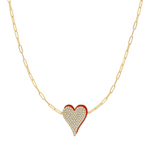 Load image into Gallery viewer, Medium Enamel and Pave Heart Necklace on PaperClip Chain

