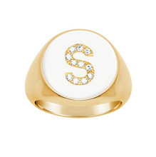 Load image into Gallery viewer, Enamel Signet Statement Initial Diamond Ring
