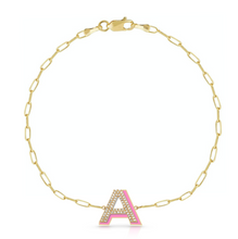 Load image into Gallery viewer, Diamond and Enamel Block Initial on Thin Paper Clip Chain Bracelet

