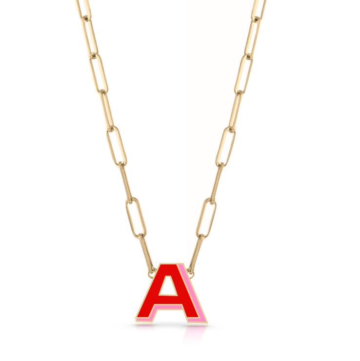 Solid Two-Tone Enamel Block Initial Necklace on PaperClip Chain