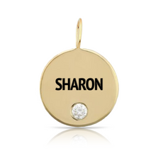 Load image into Gallery viewer, Custom Enamel Letters Gold Disc Charm with Tiny Diamond
