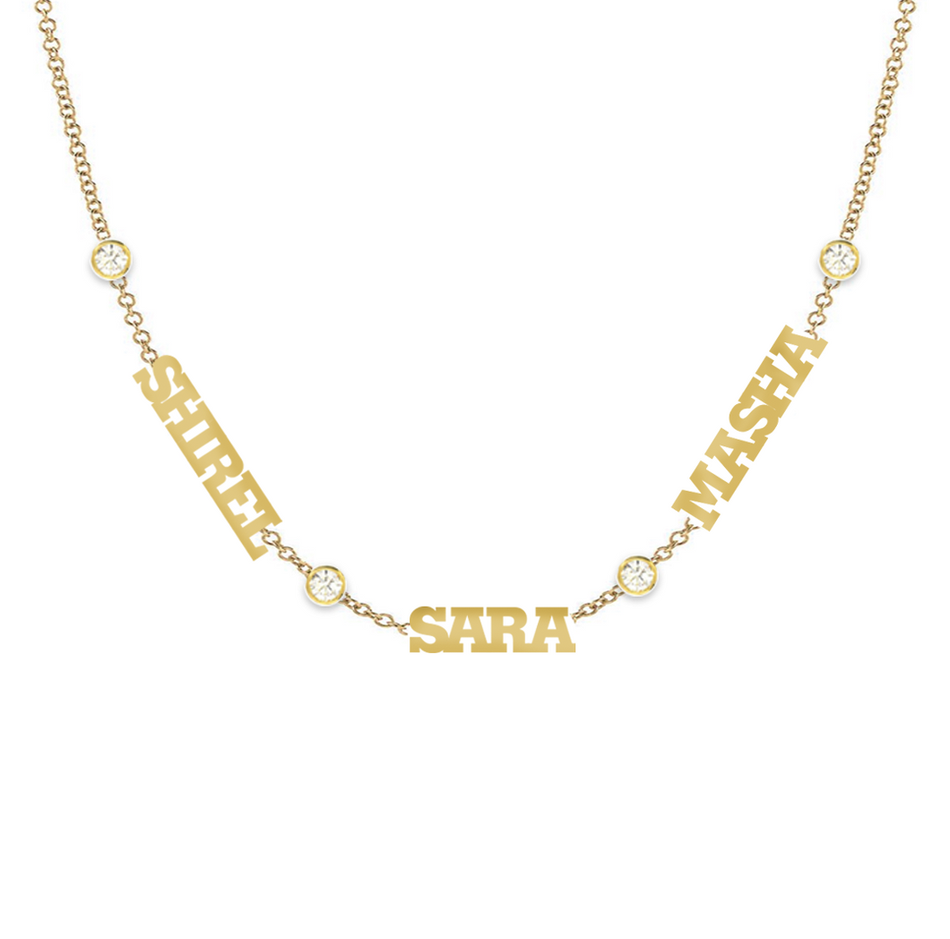 Custom Multiple Names Necklace with Diamond Bezel in Between